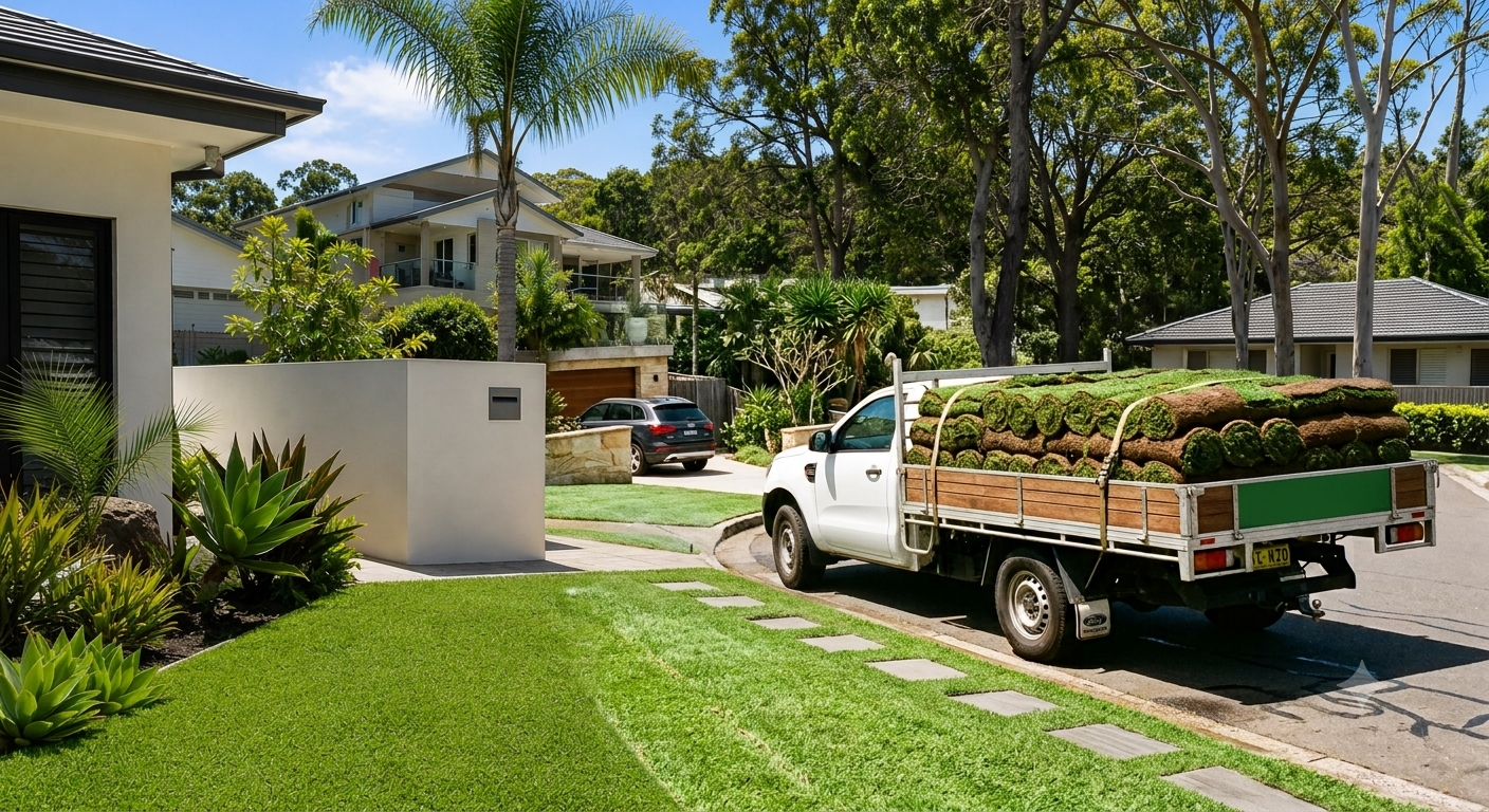A delivery truck fully loaded with rolls of green turf.
