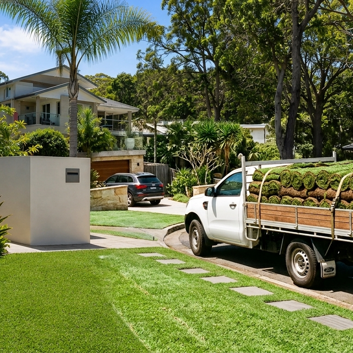 A delivery truck fully loaded with rolls of green turf.