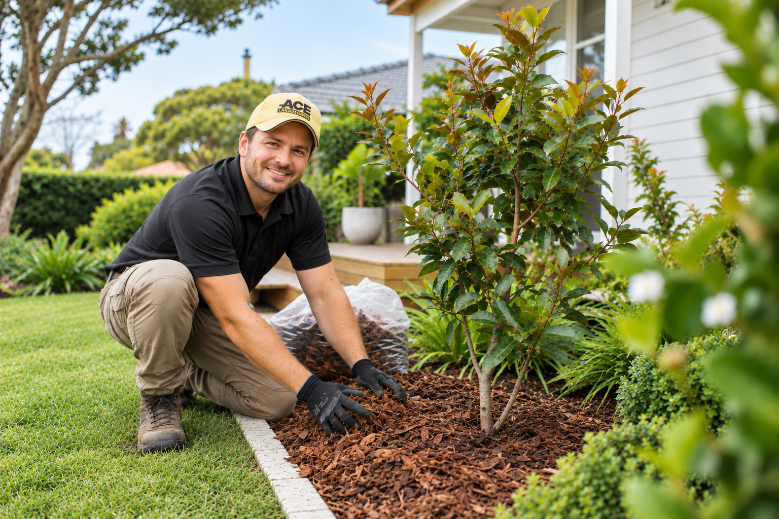 Landscaper spreading bark mulch around a young tree in a residential garden.
