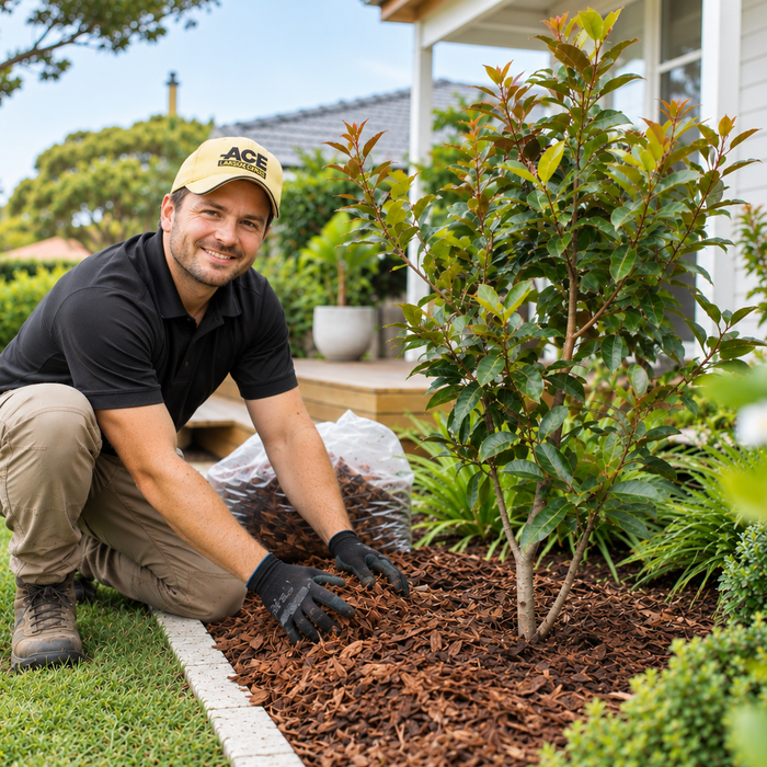 Landscaper spreading bark mulch around a young tree in a residential garden.