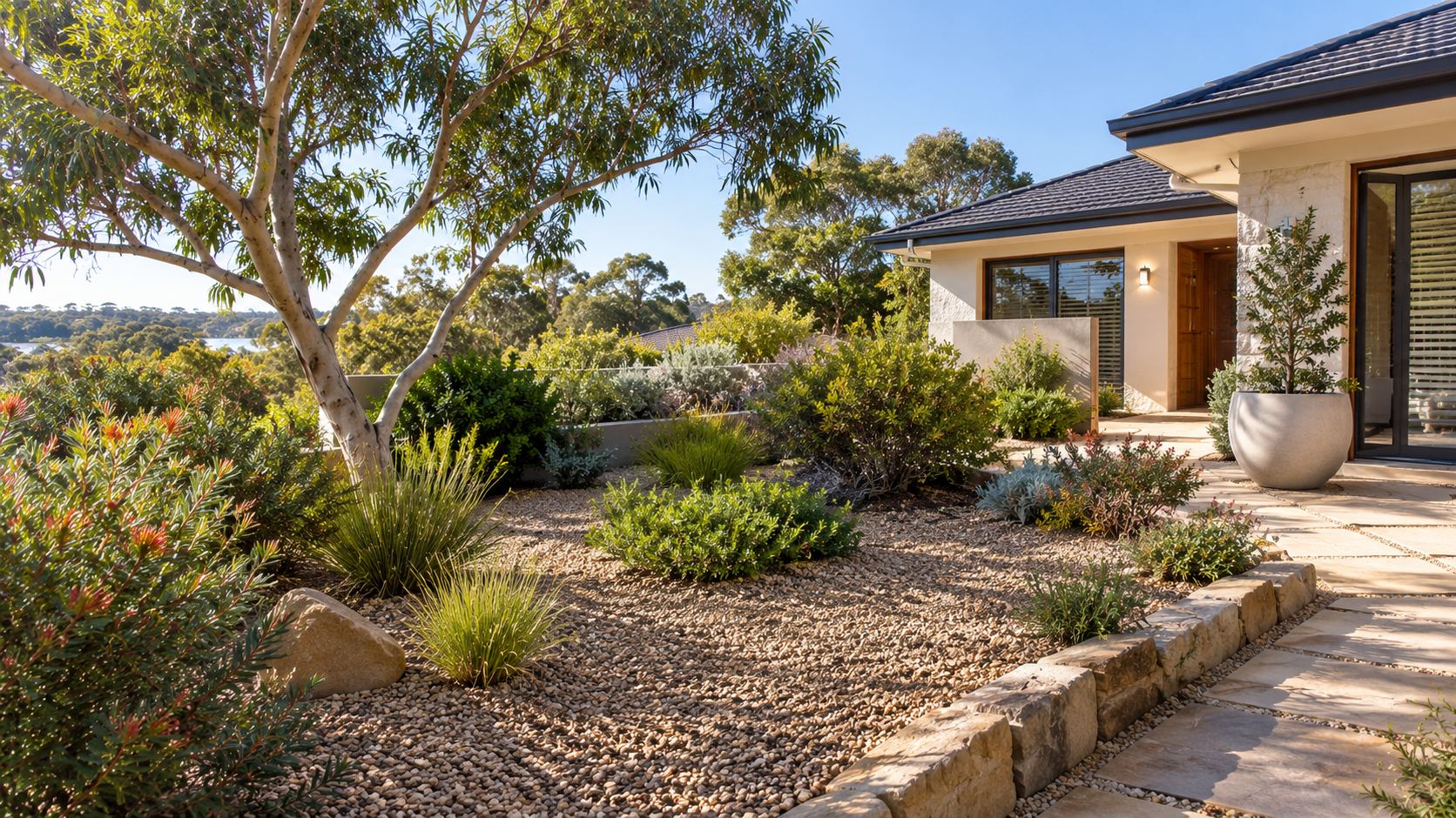Modern home with a landscaped garden, native plants, and stone pathways.