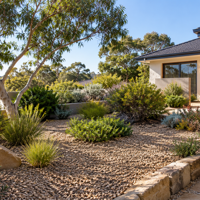 Modern home with a landscaped garden, native plants, and stone pathways.