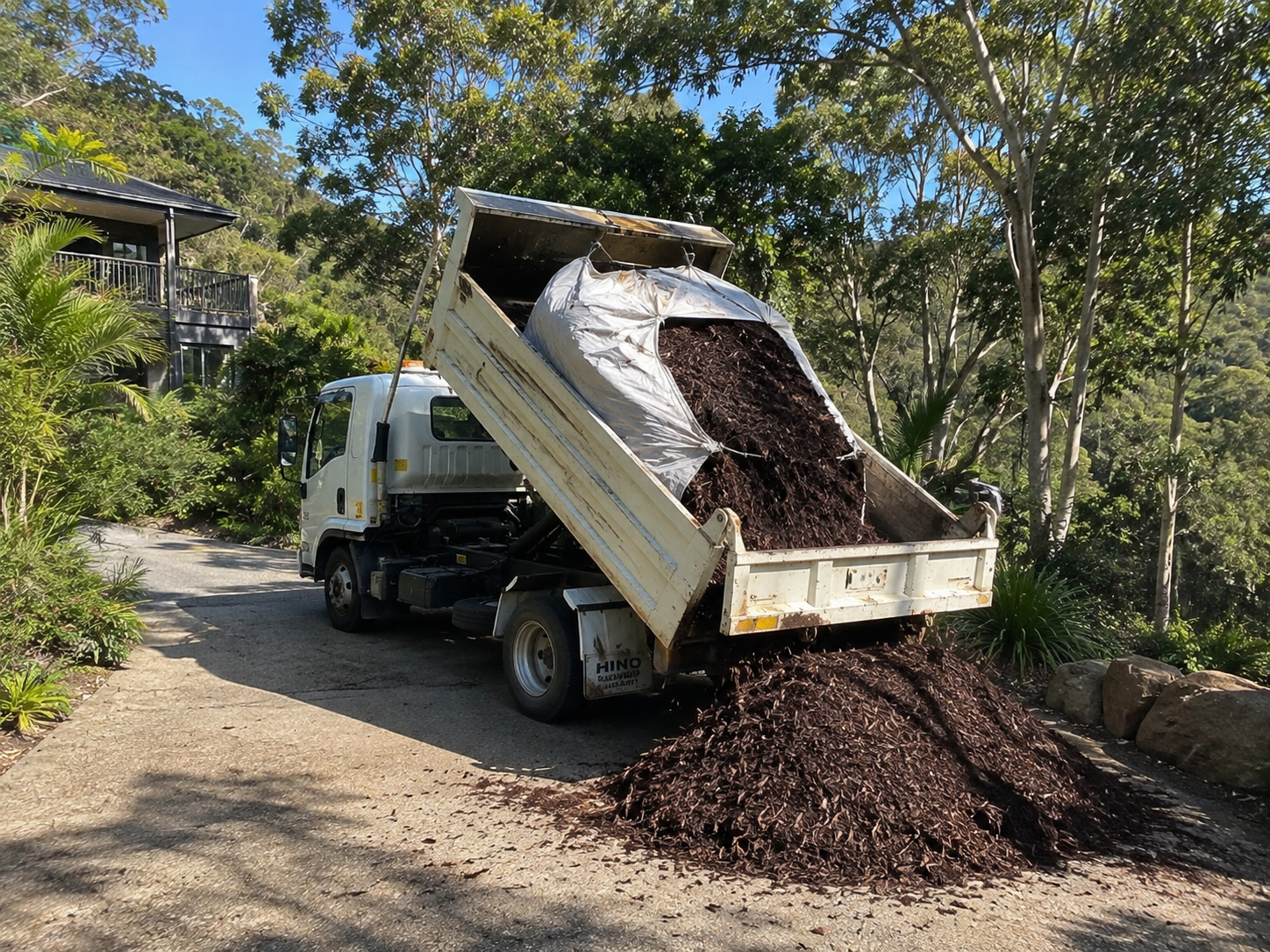 Tip truck unloading dark hardwood mulch onto a driveway.